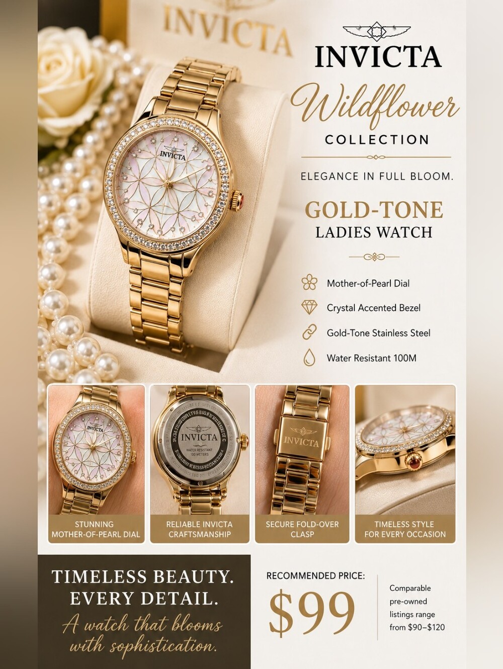 Invicta Gold-Tone Wildflower  Watch with Iridescent Mother-of-Pearl Dial